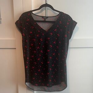 Express Black Top with Red Cherry Print, size small.